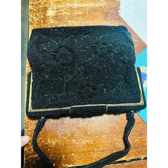 Vintage 70s/80s Black Beaded Embroidered Clutch Closure Beaded Handled Handbag - Picture 5 of 12